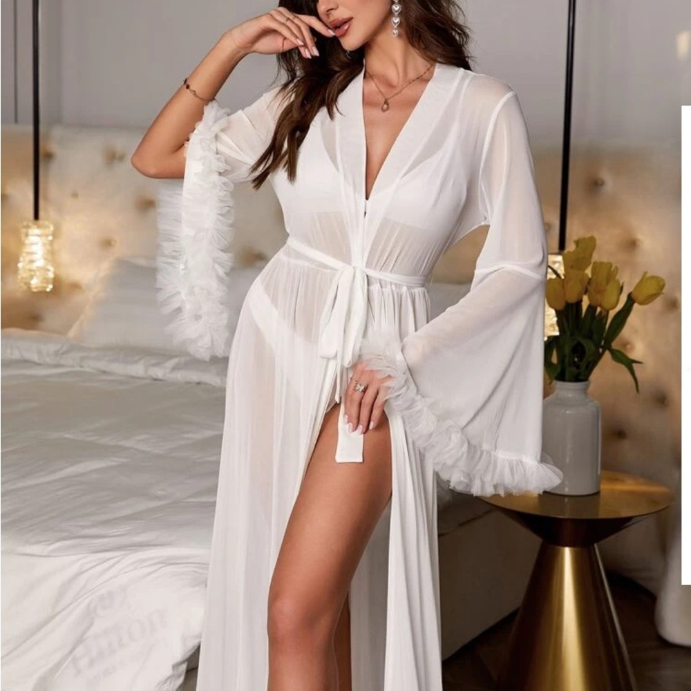 Elegant White Sheer Robe with Feather Trim